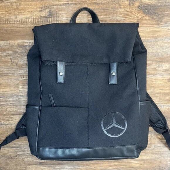 Mercedes Benz Black Canvas Laptop Roll Top Backpack W/ inside Laptop Sleeve